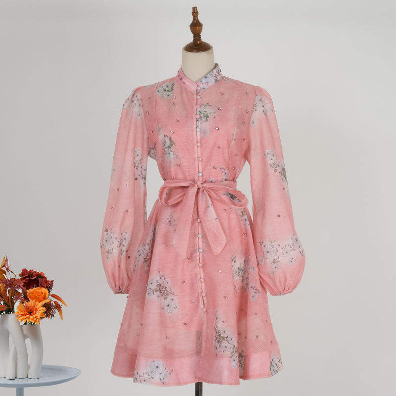 外贸现货丝麻垂感高领设计重工钉钻长袖排扣灯笼袖连衣裙短款,女装/女士精品,连衣裙,淘宝优惠券,粉丝福利购,淘宝优惠卷