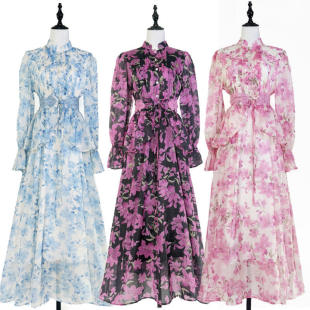 新款 圆领纽扣刺绣印花收腰连衣裙 实拍现货清新甜美宫廷风长裙夏季