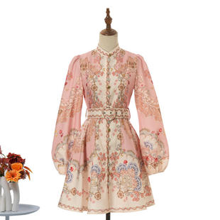 2026小众设计感高版 收腰配腰带连衣裙短裙 本单排扣立领灯笼袖