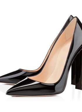 新款 时装单鞋尖头黑色漆皮粗跟女鞋外贸高跟鞋block heels