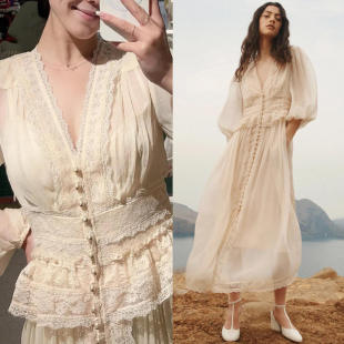 新款 连衣裙女 外贸2025澳洲轻奢设计V领蕾丝花边单排扣中长款