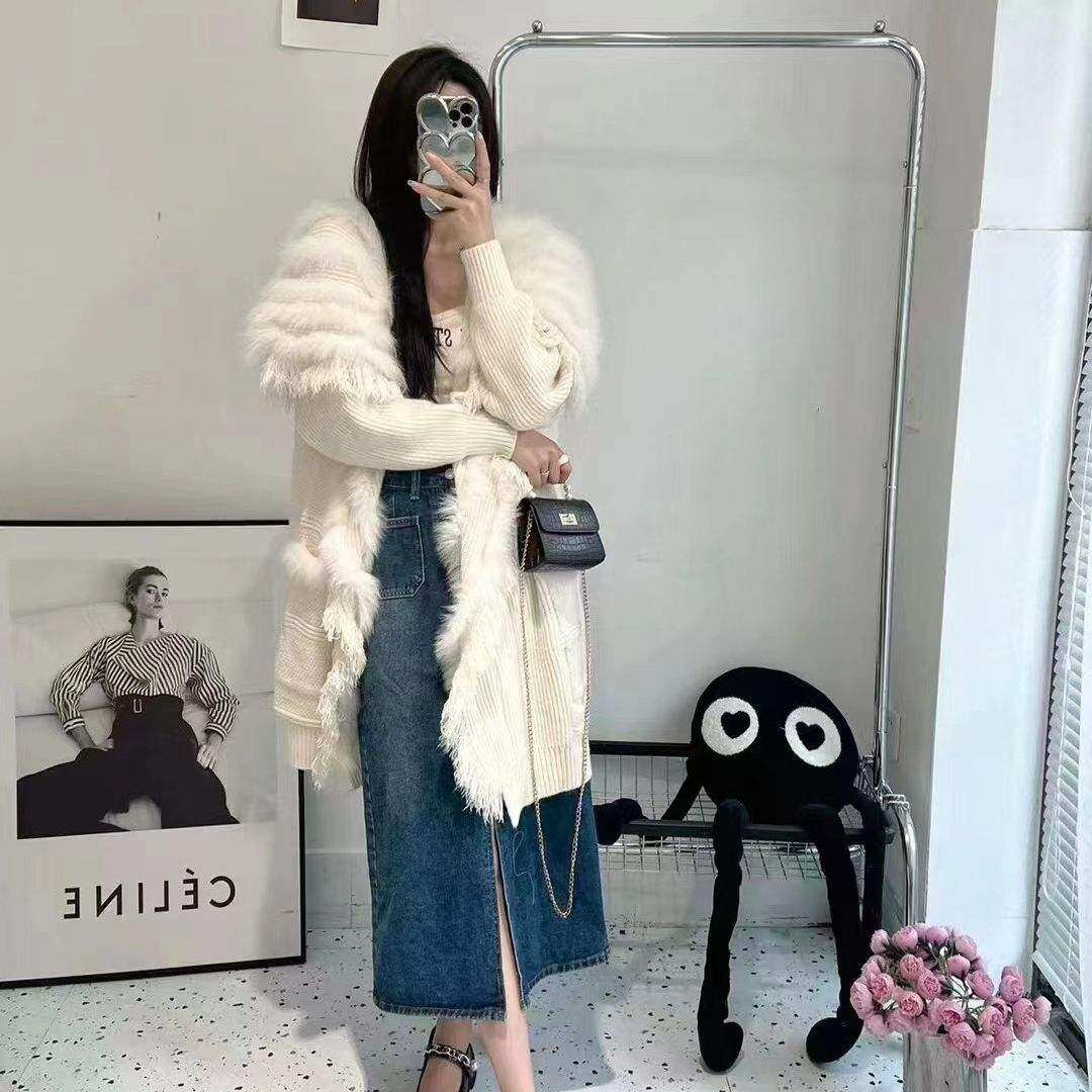 新款 秋冬真狐狸毛皮草女时尚流苏宽松版中长款针织衫开衫毛衣
