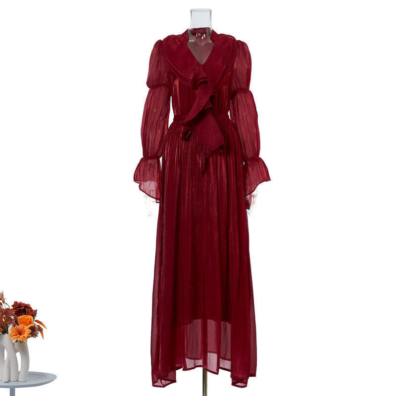 新款 实拍法式气质荷叶长裙时尚高级感V领收腰喇叭袖连衣裙女 8色,女装/女士精品,连衣裙,淘宝优惠券,粉丝福利购,淘宝优惠卷