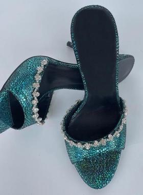 欧美时装凉鞋绿色圆头水钻链条细跟女鞋大码sandals women 45