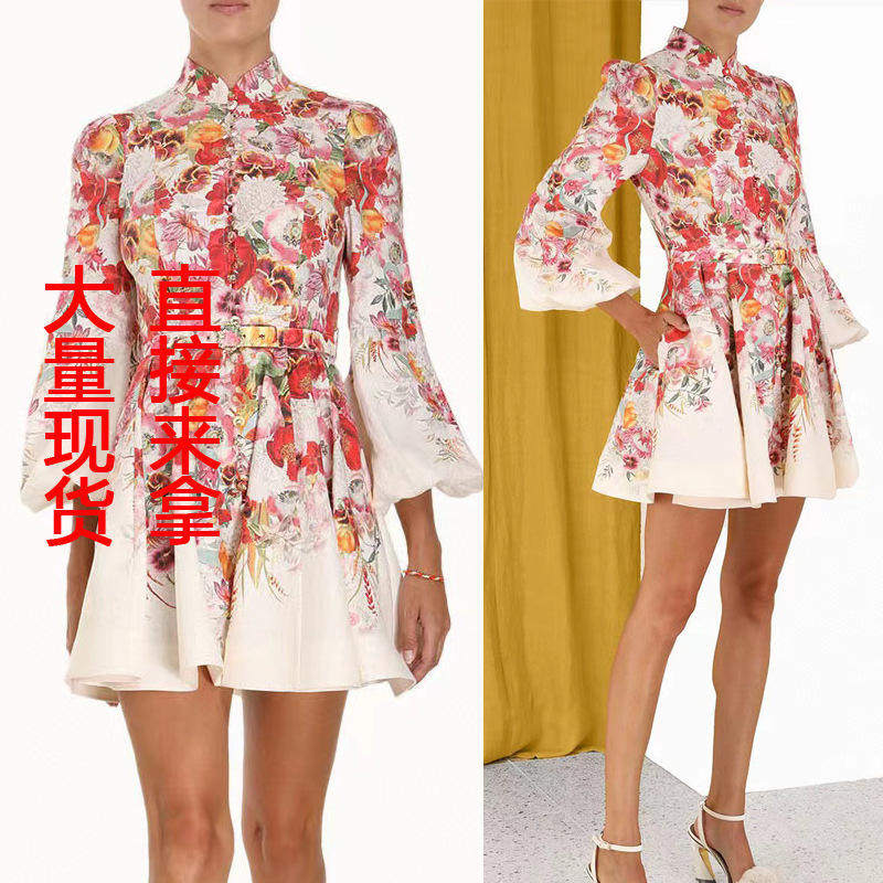 新款2025春夏灯笼袖单排扣定位印花连衣裙女配腰带口袋短裙大摆潮,女装/女士精品,连衣裙,淘宝优惠券,粉丝福利购,淘宝优惠卷