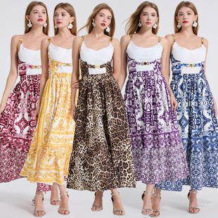 独立站5色立体刺绣胸垫金属扣吊带橡筋修身 高腰大摆连衣裙