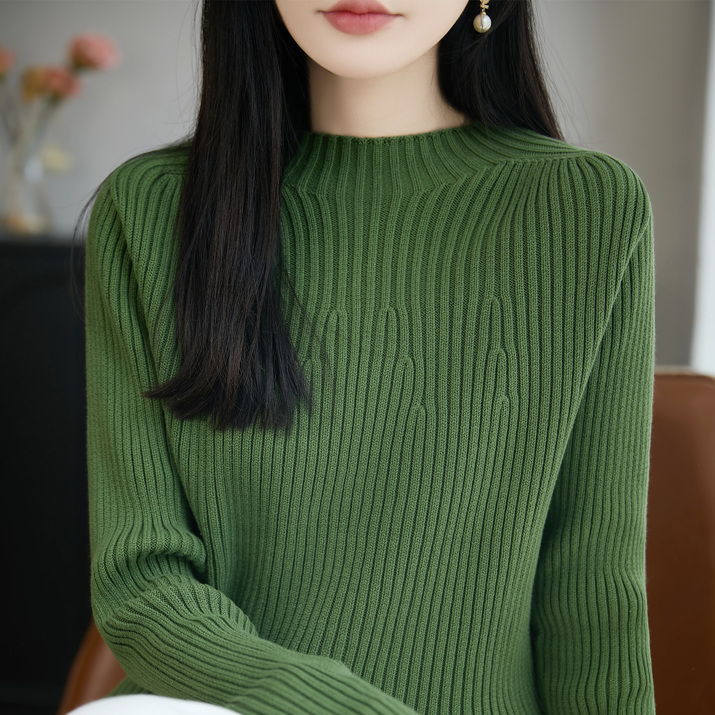 休闲风女士全棉纯棉坑条半高领针长袖T恤