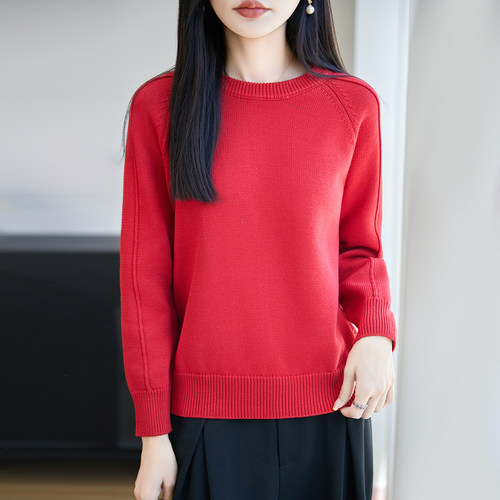 休闲风女士极简风圆领纯棉线针织衫女长袖宽松保暖打底衫红色上衣