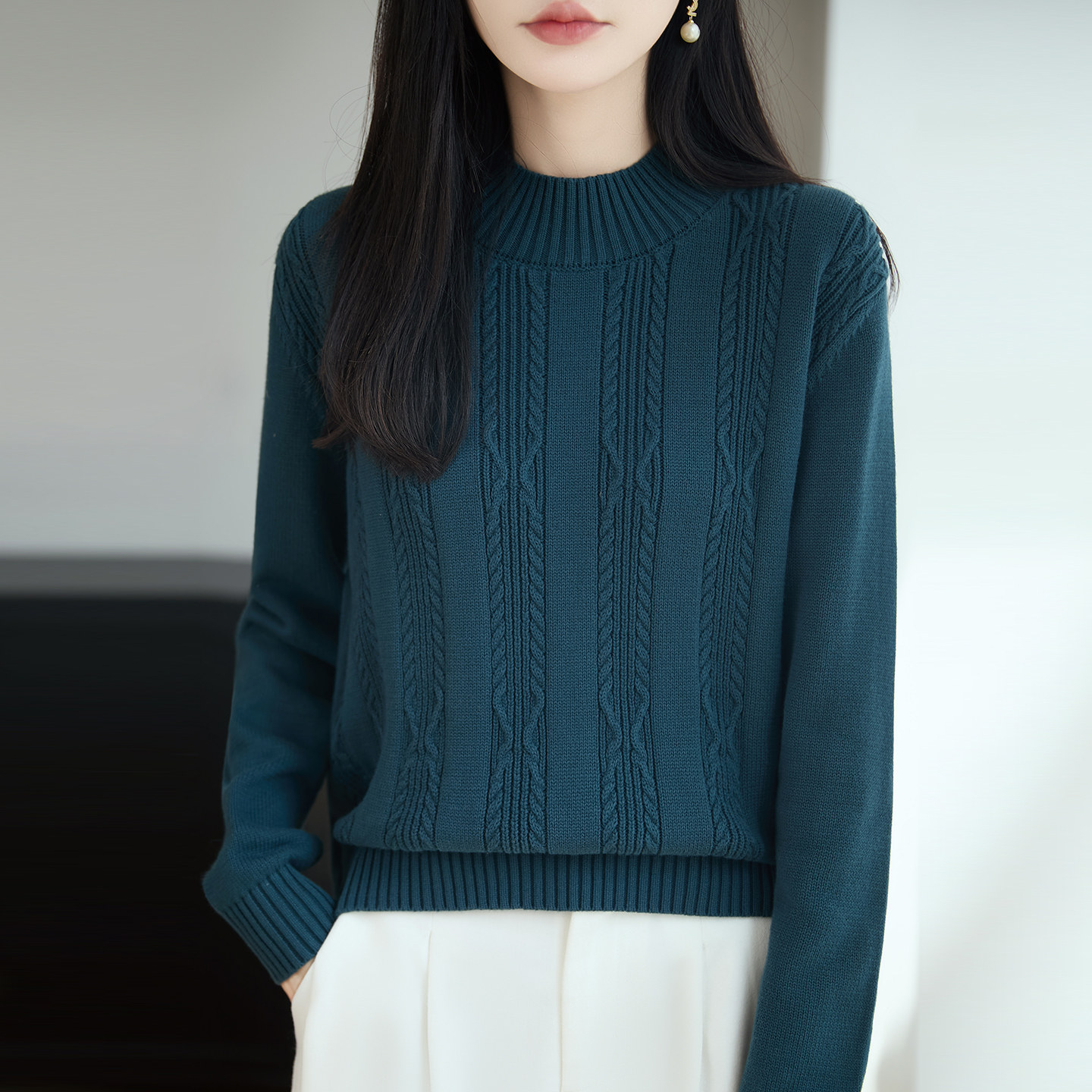 法式半高领绞花针织毛衣女保暖