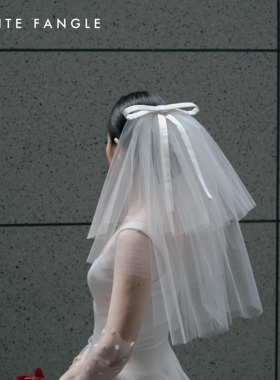 WHITE FANGLE 艾蔻 短头纱缎边蝴蝶结婚礼领证旅拍新娘可爱礼物