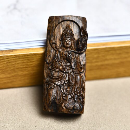 天然沉香手把件观音菩萨平安牌子