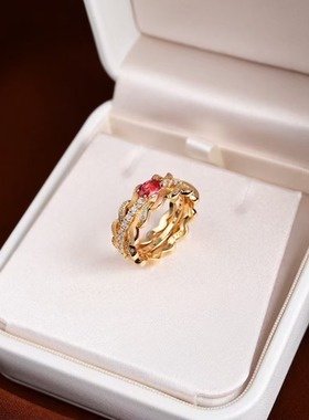 竺玥·可拆卸多戴款红刚玉戒指精工s925银意式拉丝轻奢双层水波纹