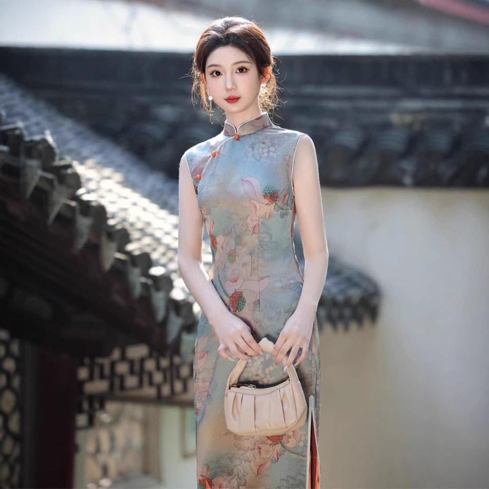 苏州旗袍春夏仿醋酸微弹提花长款
