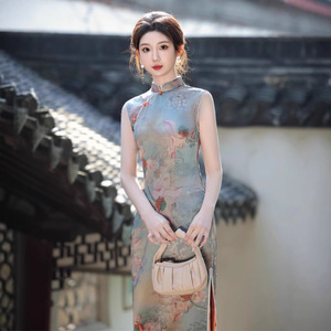 苏州旗袍春夏仿醋酸微弹提花长款