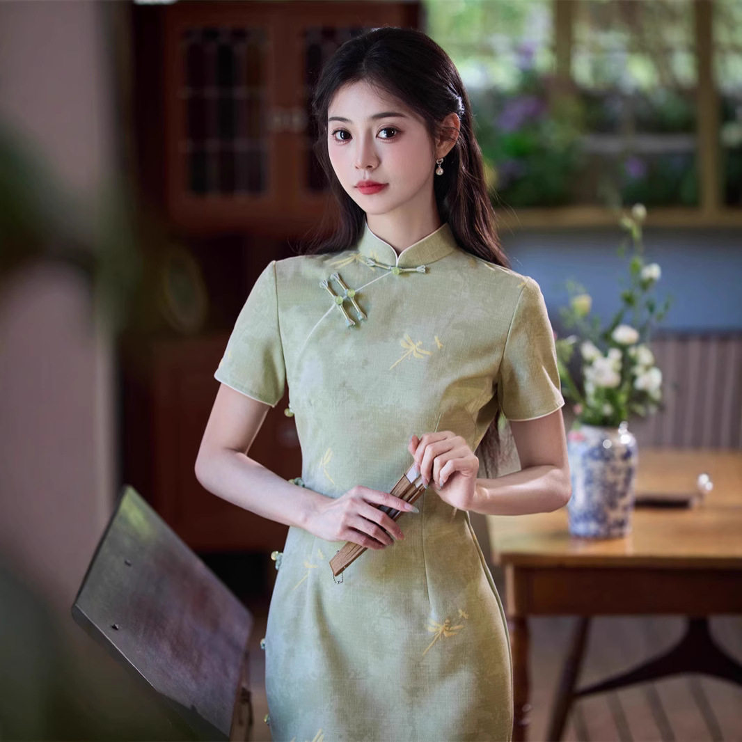 苏州旗袍仿竹节麻长款修身年轻
