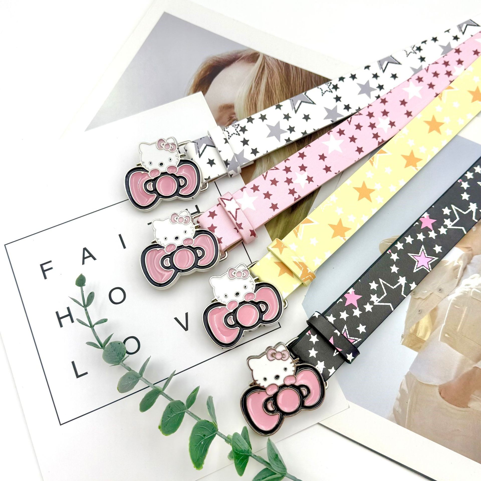 新款满天星腰带女粉色领结KT扣皮带腰带女y2k装饰搭配牛仔裤短裙