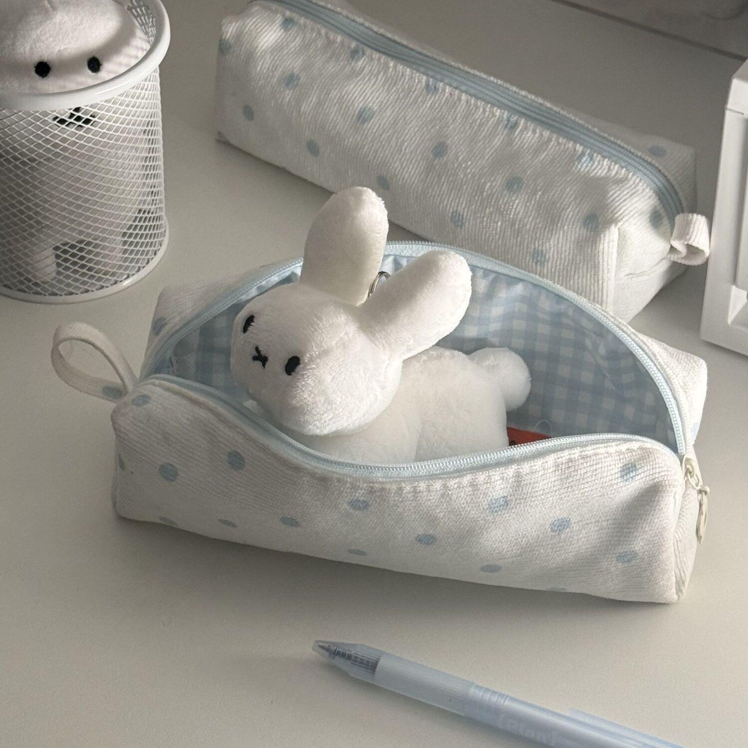 韩系ins风蓝白波点奶fufu笔袋女生高颜值铅笔盒文具袋手作化妆包