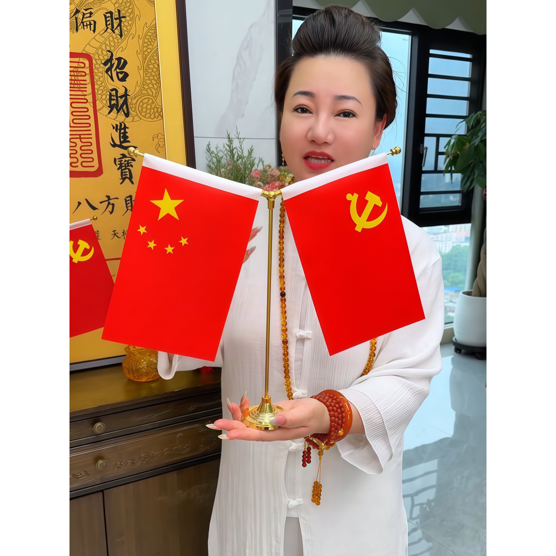 中国国旗党旗台旗金底座手持旗杆装饰旗帜立式五星红旗摆件汽车摆