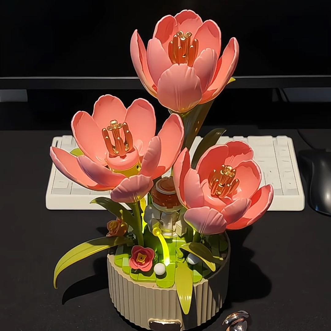 积木拼装花创意浇水会开