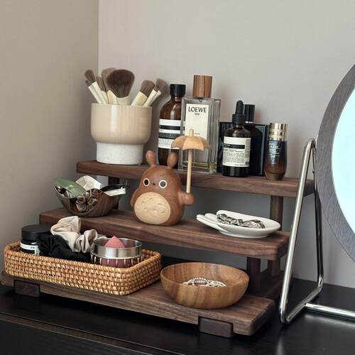 中古风化妆品架子置物架高级感黑胡桃色收纳架桌角杯架多层储物架