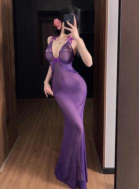 紫色御姐风性感睡衣女情调趣味纯欲内衣2025新款火辣透视吊带睡裙