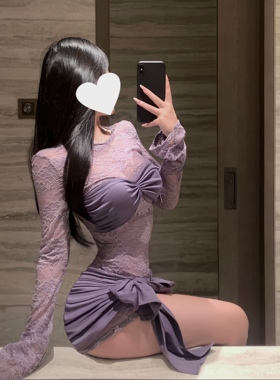 长袖睡裙女款性感纯欲若隐若现趣味紫色连衣裙情调精致蕾丝睡衣