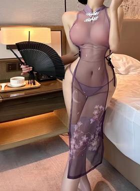 性感睡裙女款秋冬季2024新款纯欲古风网纱连体高级氛围感旗袍睡衣