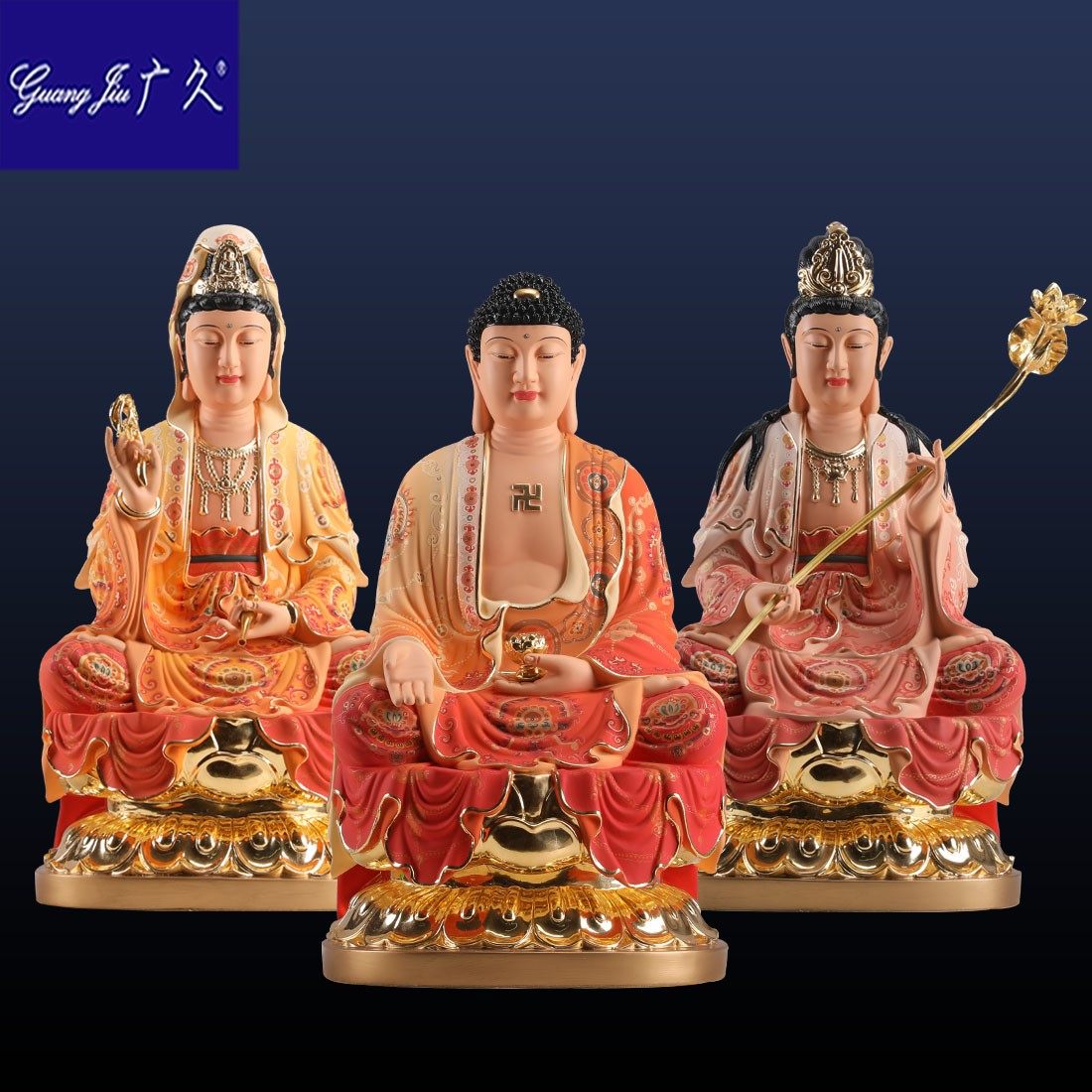 纯铜彩绘鎏金西方三圣佛像阿弥陀佛观世音大势至菩萨铜像佛像摆件