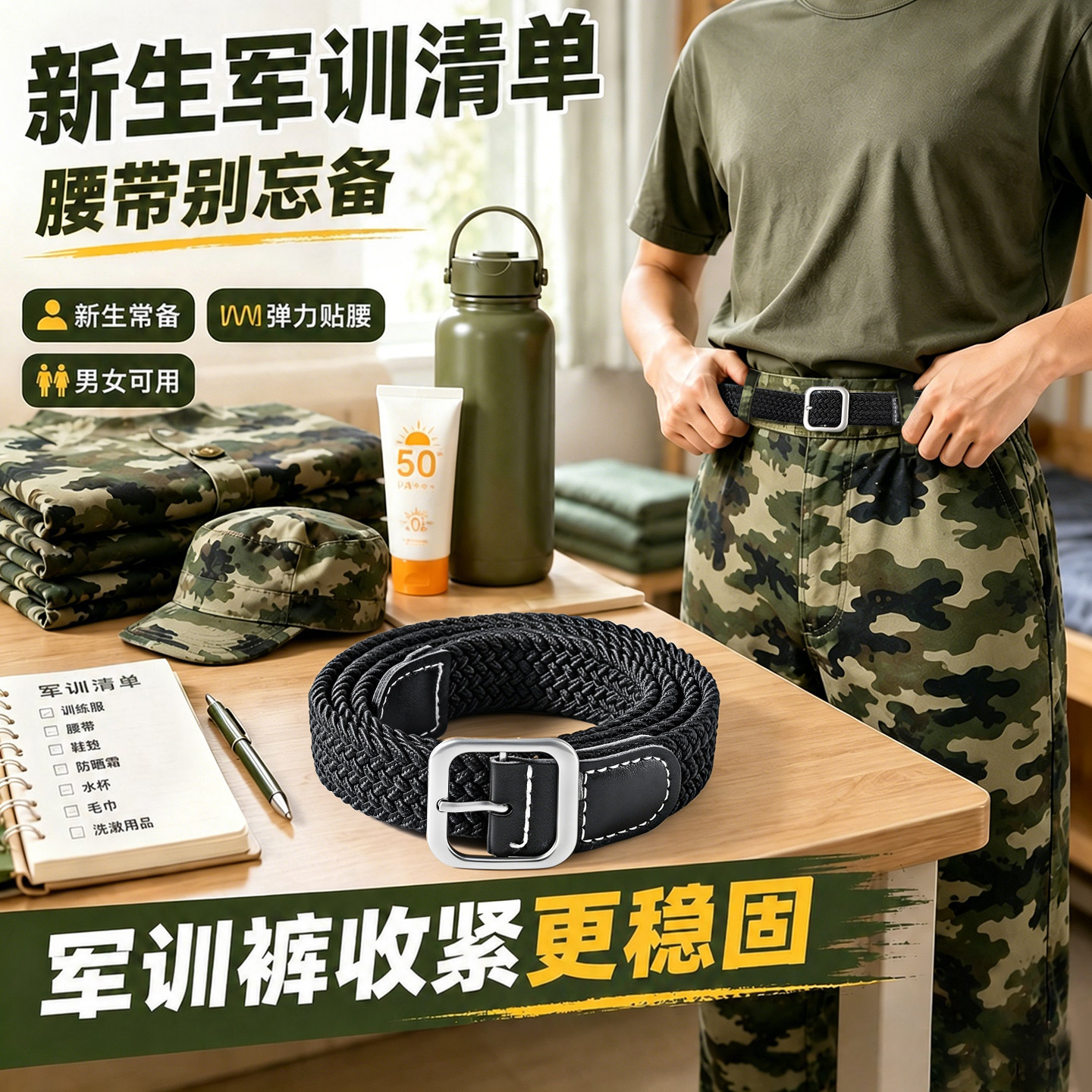 新生军训BI备弹力腰带可调节男女