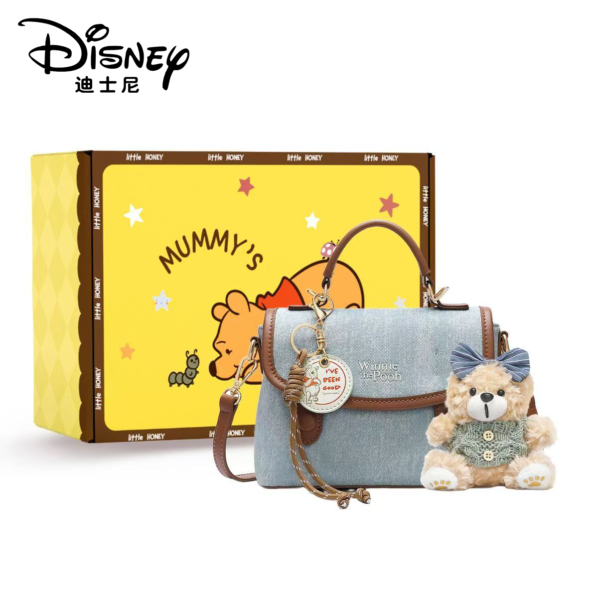 Disney/迪士尼浅蓝邮差包单肩包女斜跨小方包女士高级复古手提包
