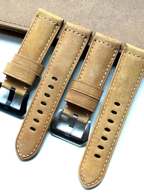 24mm 26mm手工土黄色真皮表带代用沛纳海 386 44mm 47mm 表径腕带