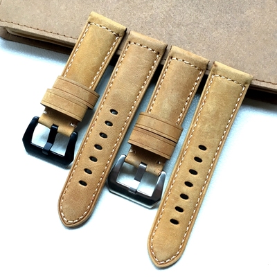 24mm 26mm手工土黄色真皮表带代用沛纳海 386 44mm 47mm 表径腕带