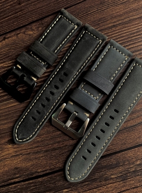 24mm 26mm深灰色复古疯马皮磨砂小牛皮真皮手表带适配沛纳海表链