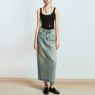 重磅靛蓝丹宁长绒棉牛仔半裙 气质半身裙 简约 Carolingian法式