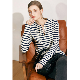 女 Carolingian法式 经典 重工系带水手领条纹衫 T恤 气质显瘦长袖