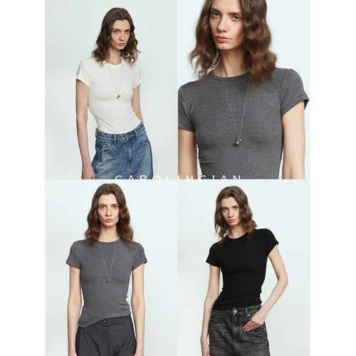 Carolingian时髦显瘦！美丽诺细羊毛+VISCOSE高弹螺纹弧形下摆T恤