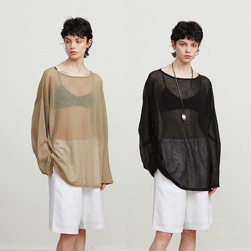 Carolingian極简Row风！轻盈微透亚麻+长绒棉廓形卷边针织罩衫