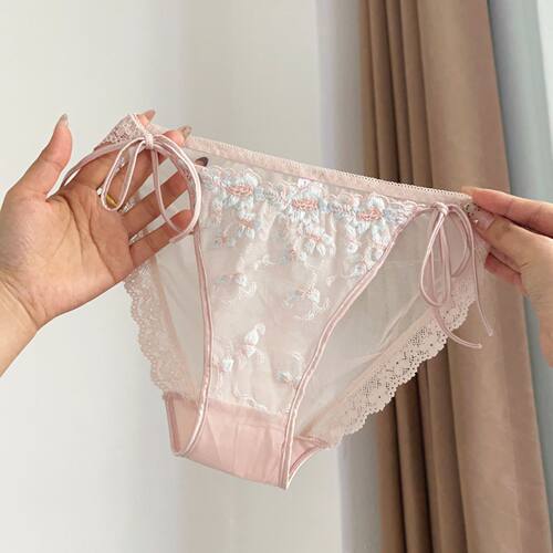 雾里生花~法式刺绣蕾丝绑带内裤女系带两侧可解透气纯棉裆三角裤