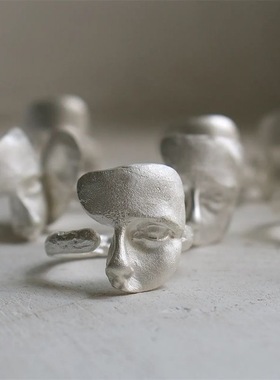 烧白质感假面银色手工开口戒指百搭个性面具指环磨砂小众高级饰品