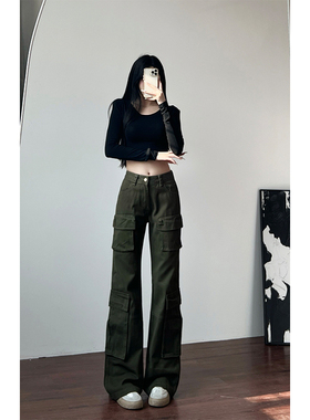 军绿色175高个子低腰显瘦直筒休闲拖地裤裤女多口袋喇叭工装长裤