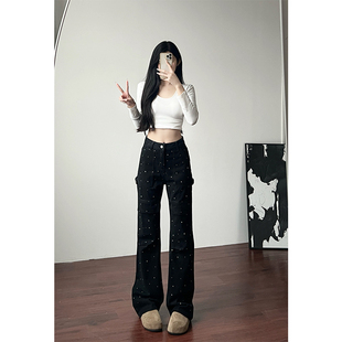 175高个子高腰带钻工装牛仔裤女黑色显瘦直筒加长拖地长裤子