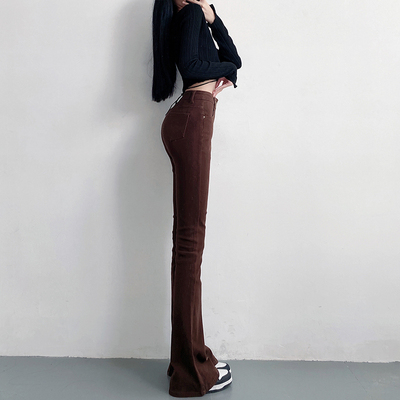 咖啡色高腰显瘦紧身微喇叭牛仔裤女秋新款175高个子加长版拖地裤