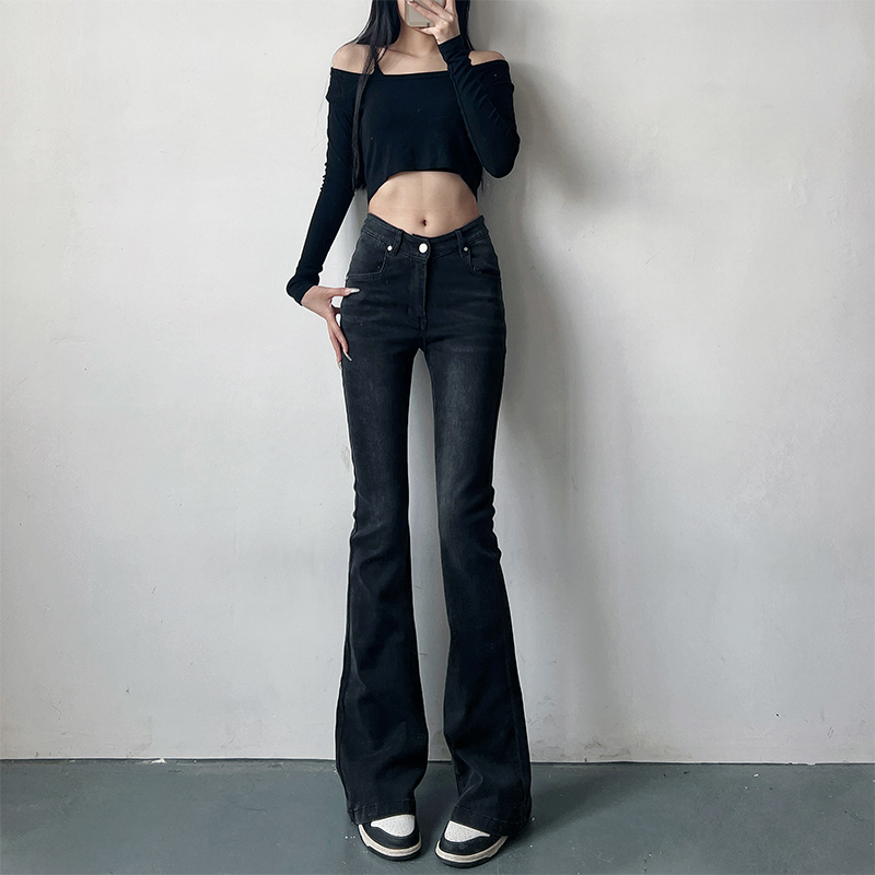 秋冬季加绒v字高腰弹力修身微喇叭牛仔裤女175高个子显瘦拖地裤