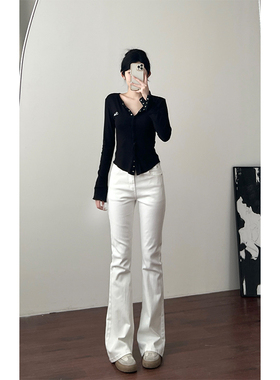 白色175高个子高腰显瘦显高弹力直筒修身喇叭裤潮微喇牛仔裤女