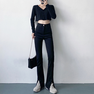 春季新款高腰弹力开叉微喇叭黑色加绒牛仔裤女显瘦加长拖地裤子潮