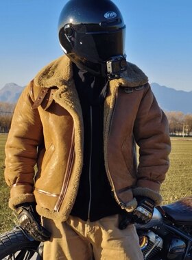冬天加厚皮草大衣男士机车夹克真皮原生态绵羊皮毛羊羔绒飞行服