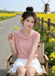 小清新韩系娃娃领短袖针织衫女2026早春新款甜美减龄气质针织上衣