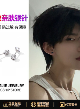 S925网红同款痞帅银黑色闪钻耳环银针耳钉男女生小众简约风高级感