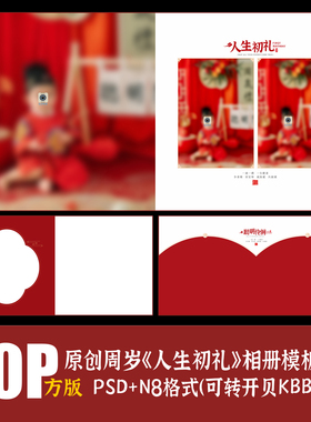 461儿童抓周岁礼相册PSD模板古装红色宝宝摄影楼排版PS素材N8方版