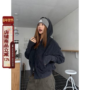 川川也美式复古水洗重工拼接解构连帽运动衫外套女秋季新款开衫上